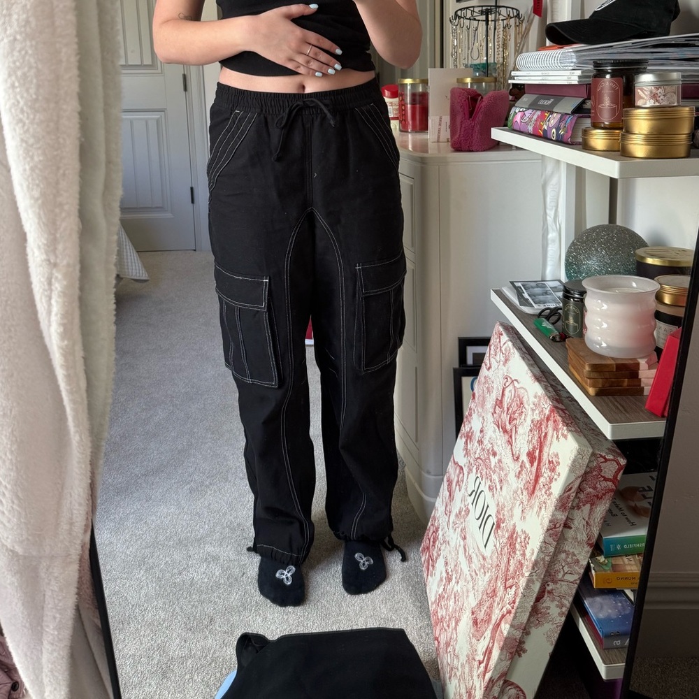 Black Cargo Pants with White Stitching from Aritzia’s brand TNA